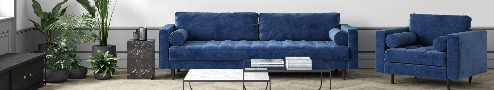 niebieska kanapa i fotel